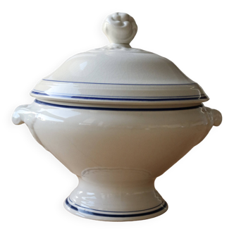 Antique Lonchamp white earthenware soup tureen with blue edging