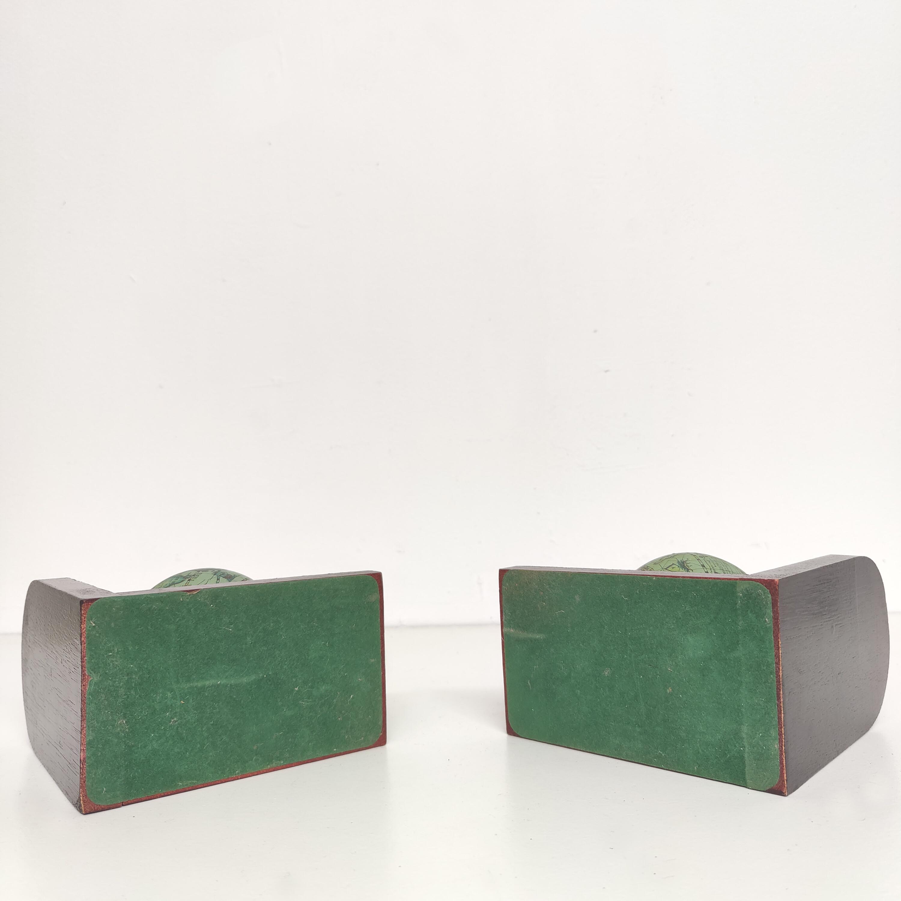 Pair of bookends vintage globe world map wood paper