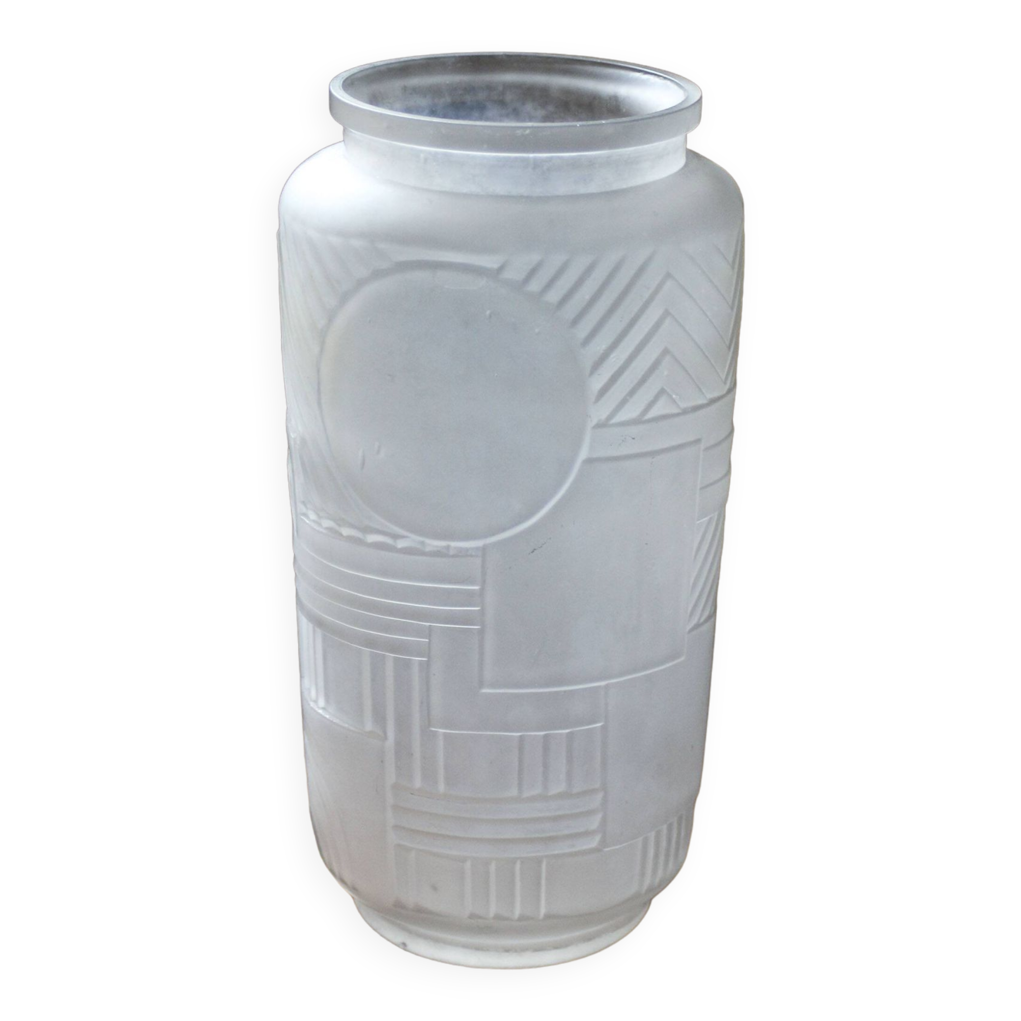 Molded pressed glass vase with geometric decoration Verrerie Legras
