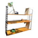 Vintage oak and black metal string shelf 1960