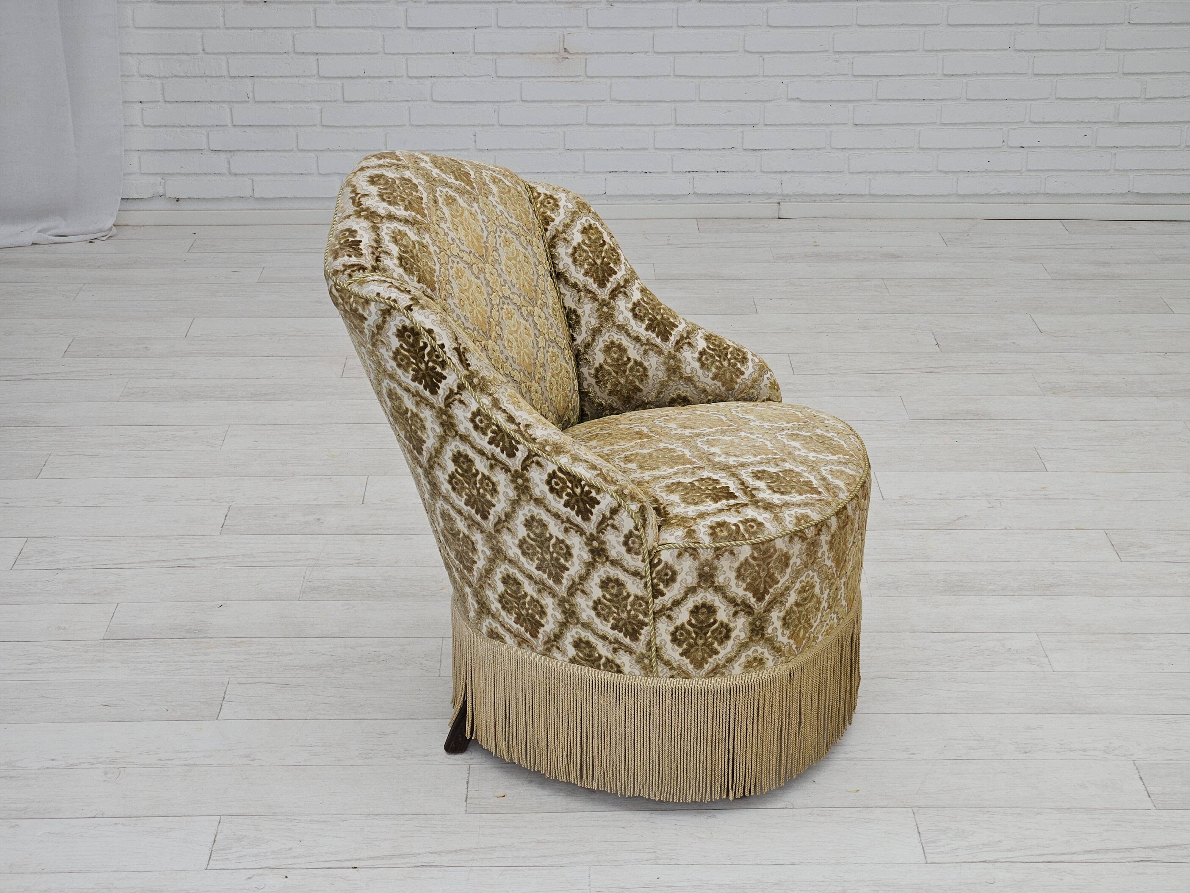 1950s, Danish lounge chair, furniture velour, ash wood legs.