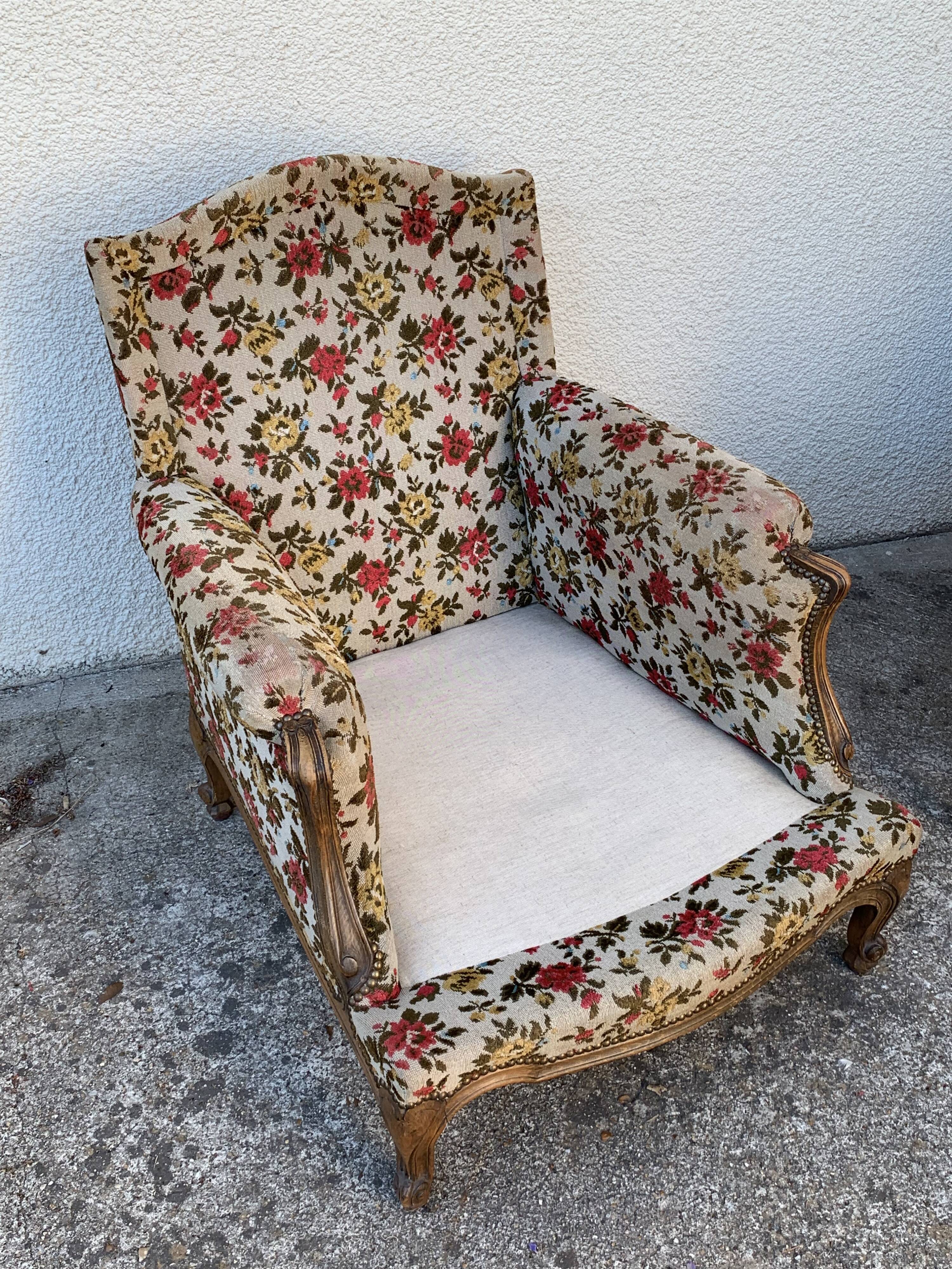 Old shepherdess armchairs louis XV style flocked fabric flower