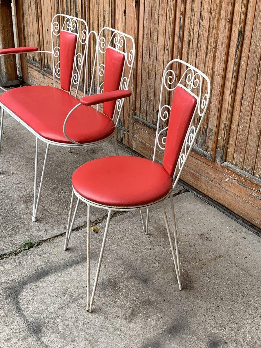 Vintage garden set 1968 white metal and red faux leather, set of 4 (2 chairs, bench, table)