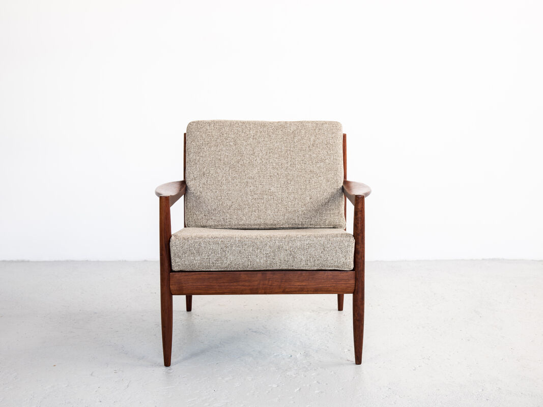 Sofa and armchairs set in walnut and fabric, 1960s