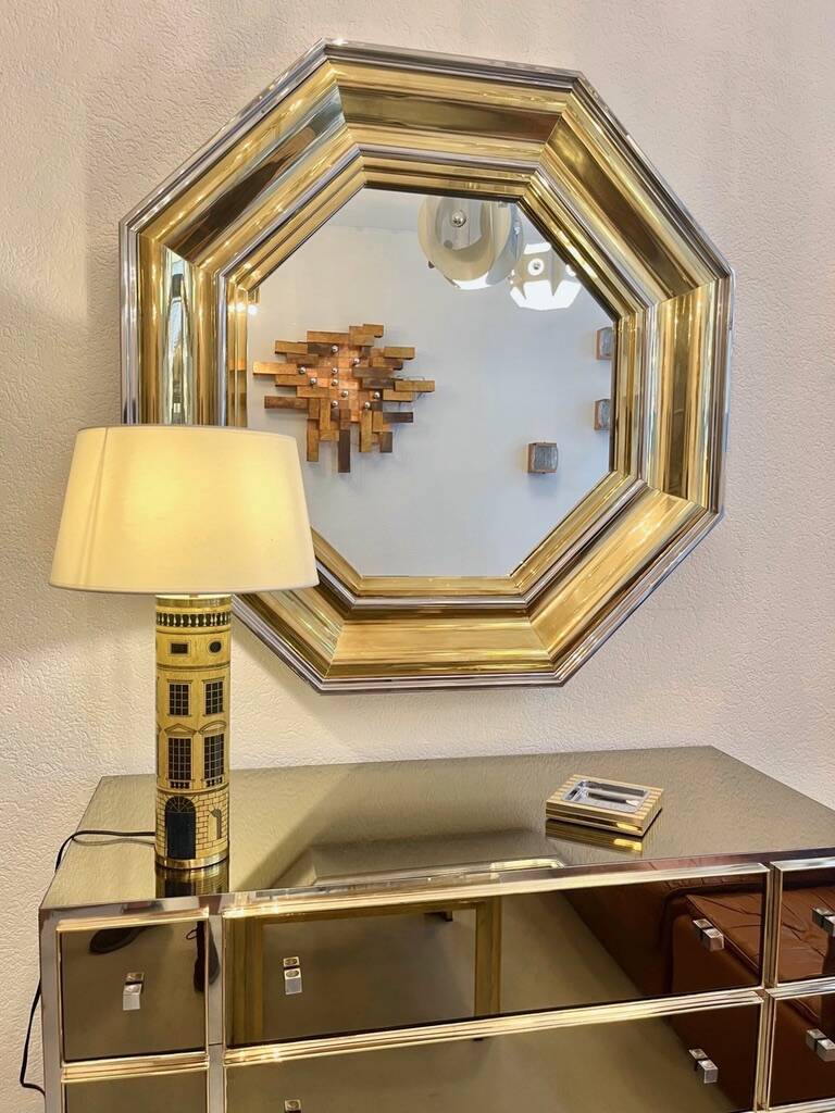Sandro Petti enormous octagonal mirror brass chrome 1970s Maison Jansen