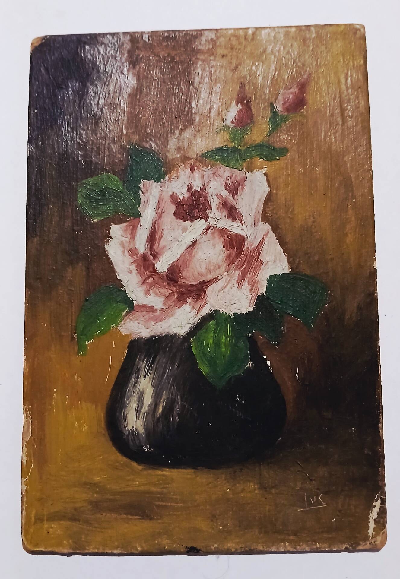 Petit tableau ancien "rose" signé LUC