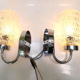 Pair of 1970 chrome metal wall light and molded glass globes.