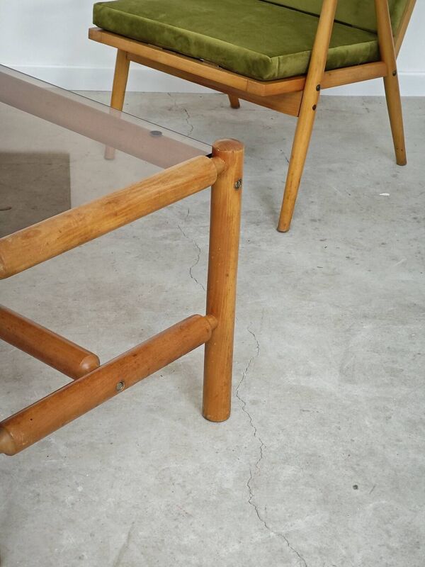 Table basse style chalet bois massif et verre  République Tchèque 1970