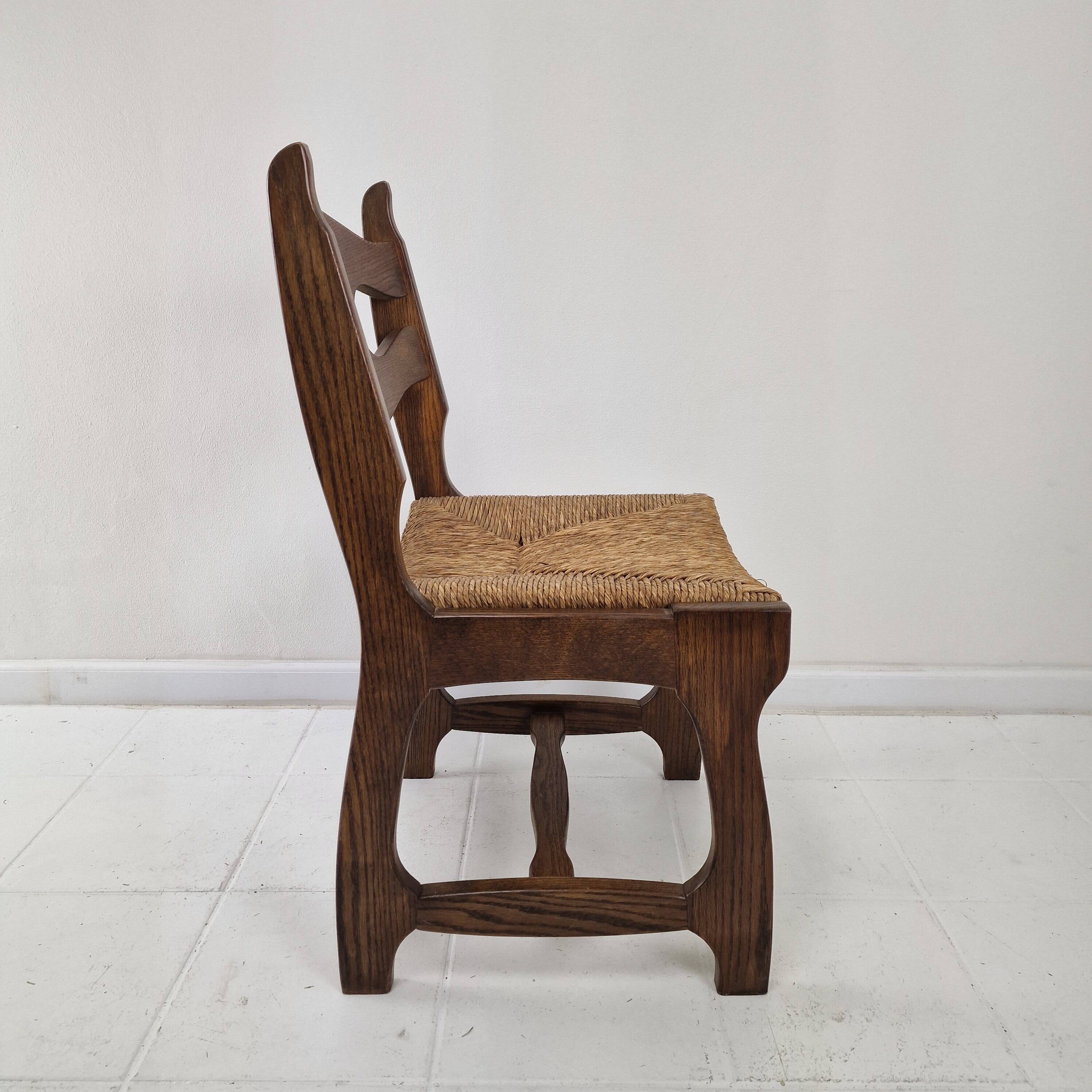 MidCentury Brutalist Oak "Razor Blade" Dining Chairs, Set of 6, France 60's
