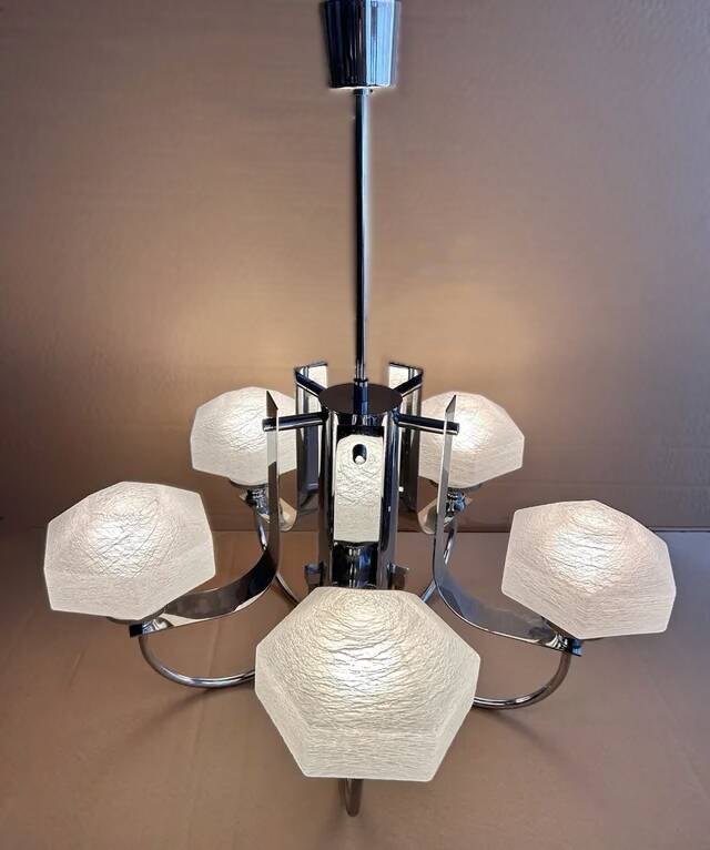 Lustre Gaetano Sciolari à 5 bras en métal chromé, Italie 1970