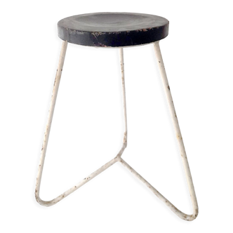Vintage Industrial Tripod Stool with Rounded Wooden Black Seat. Vintage Industrial Bench.