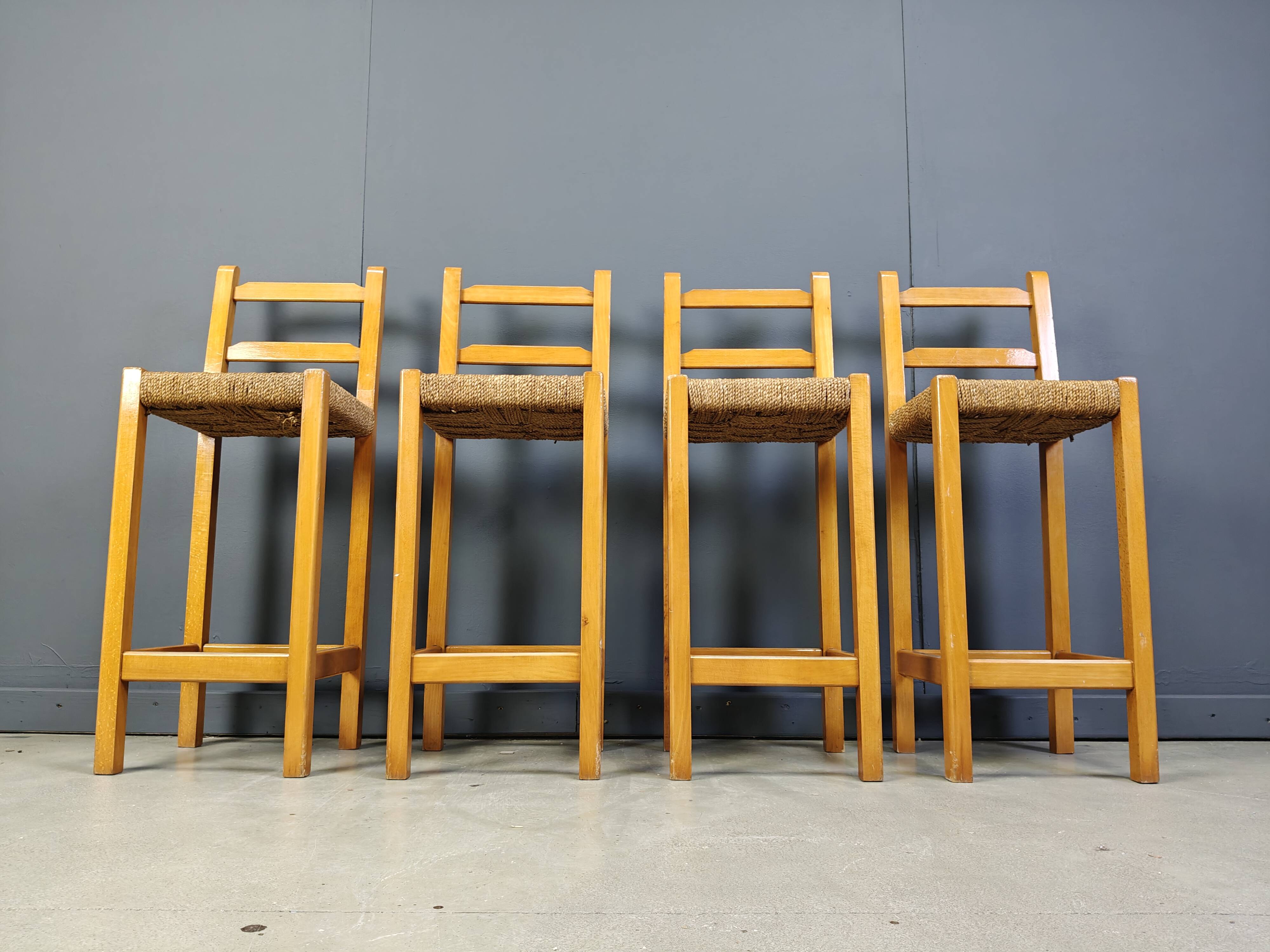 Vintage oak and papercord bar stools, 1960s