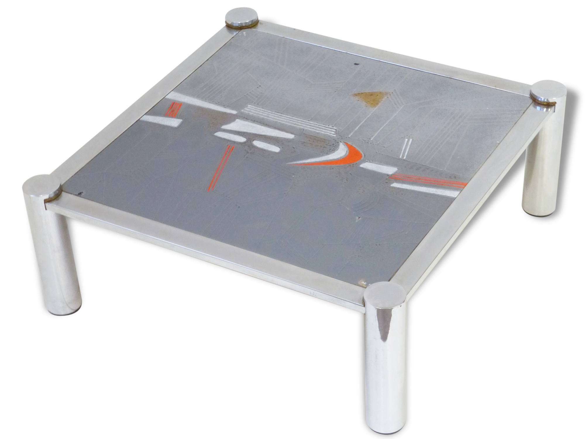 Large coffee table in ceramic and chrome signed 1970 De Nisco vintage 70's space age