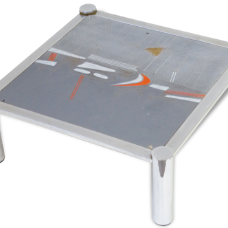 Large coffee table in ceramic and chrome signed 1970 De Nisco vintage 70's space age