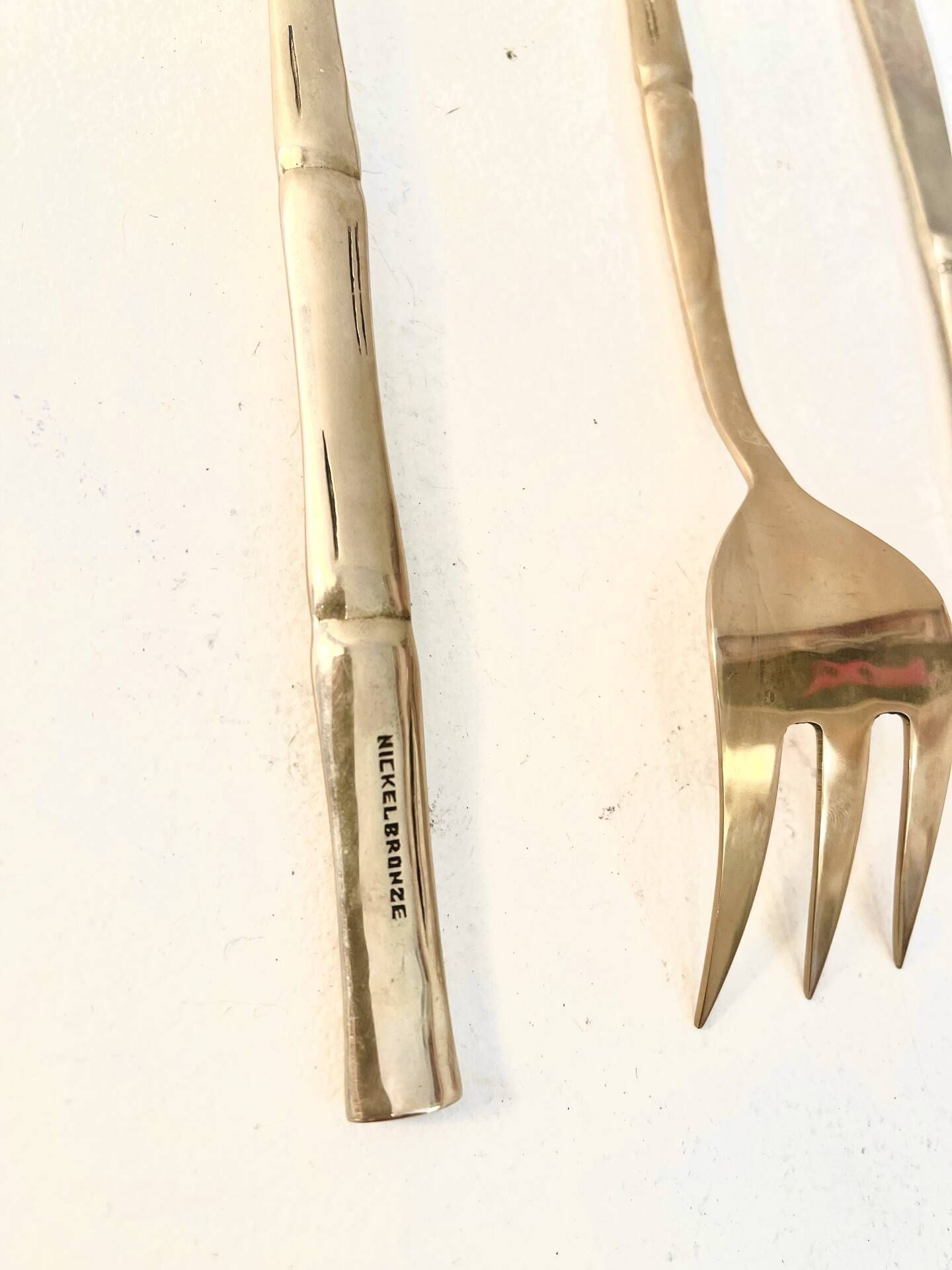Gold service cutlery trio, bamboo, Hollywood Regency - circa 1