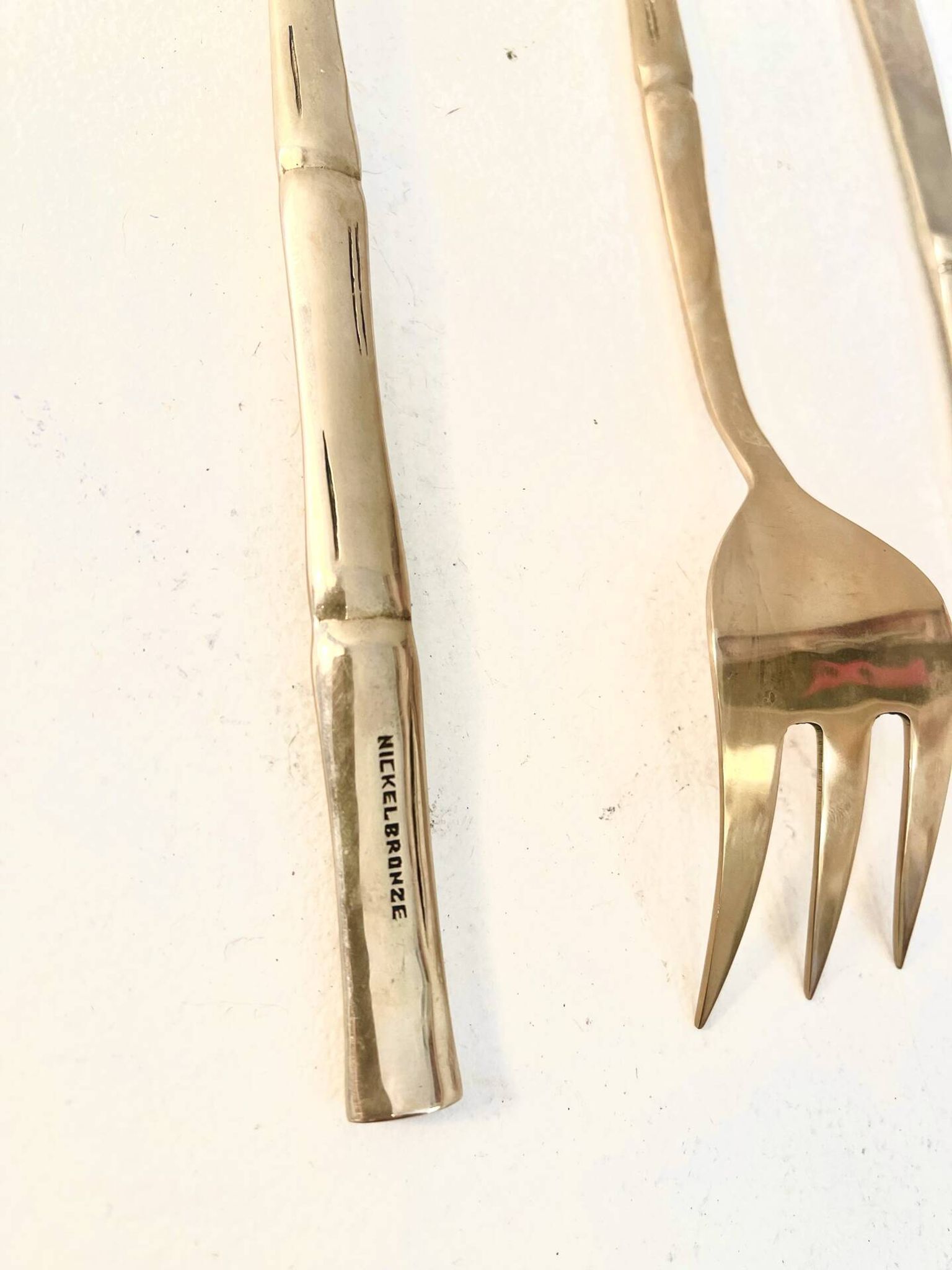 Gold service cutlery trio, bamboo, Hollywood Regency - circa 1