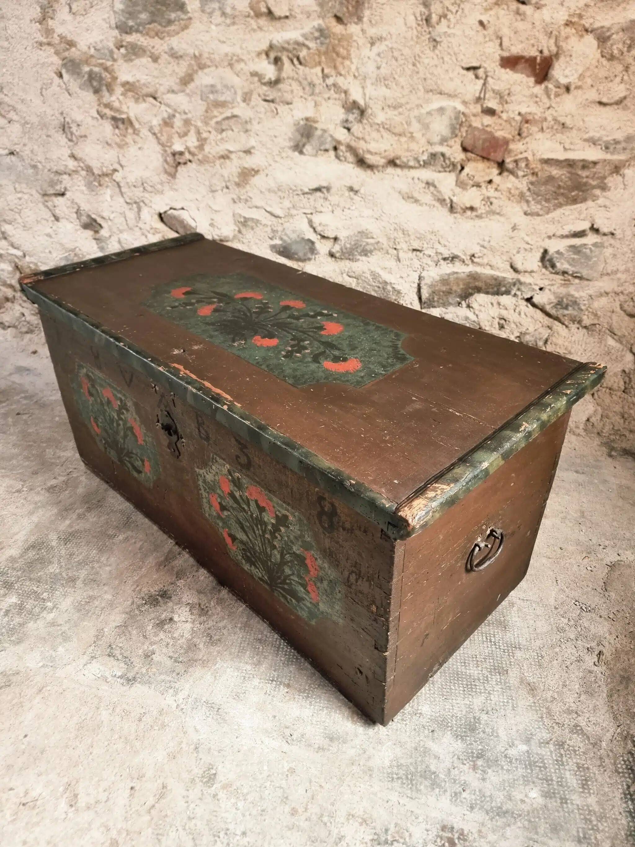 Antique French pine chest – 1838, painted folk art