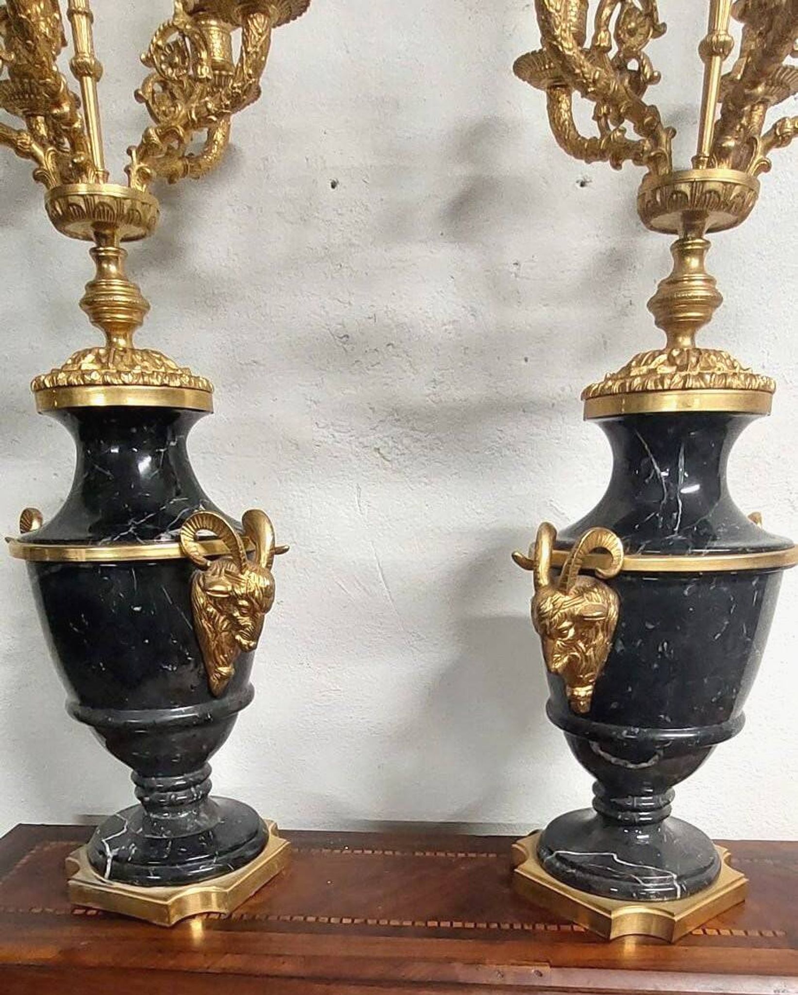 Antique Lumi pair of large marble and mercury-gilt bronze candelabras