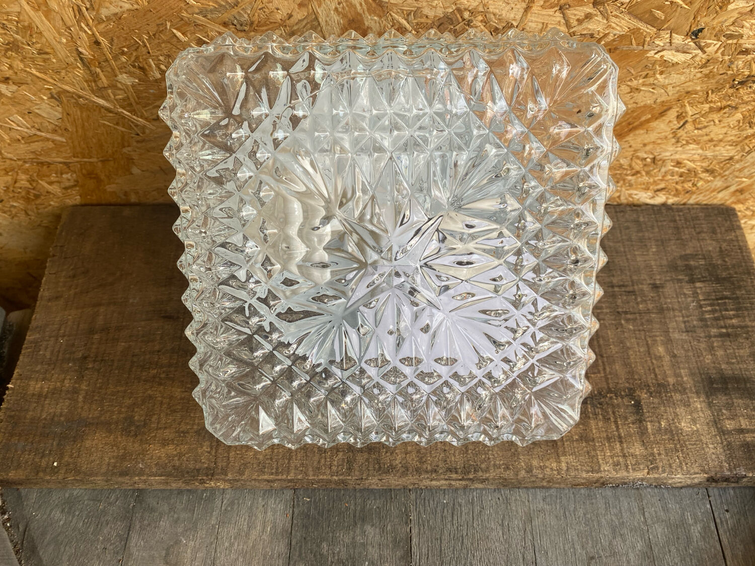 Square Ceiling Light Fixture, Vintage Moulded Glass + White Metal Support #