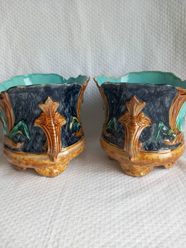 Paire de cache-pots en barbotine, Art Nouveau XIXème s.