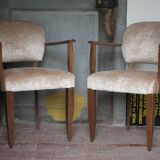 Pair of bridge chairs in wood and powder pink satin-effect fabric, Art Deco style