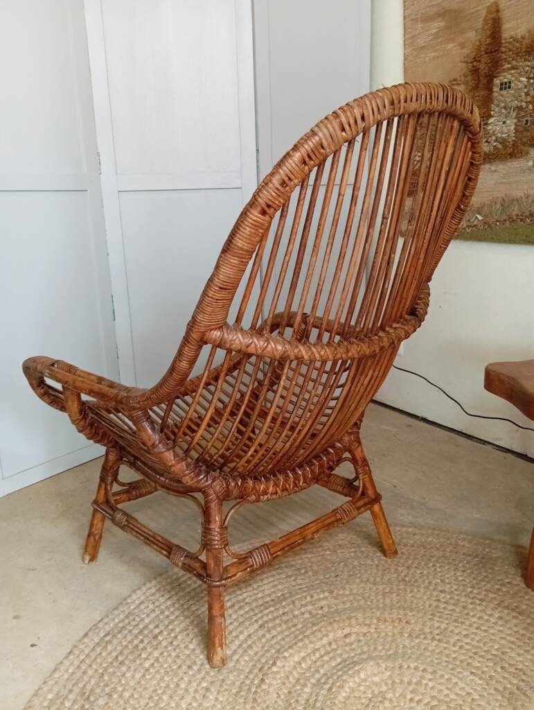 Pair of high-back rattan armchairs