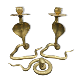 Pair of brass candlesticks and deco