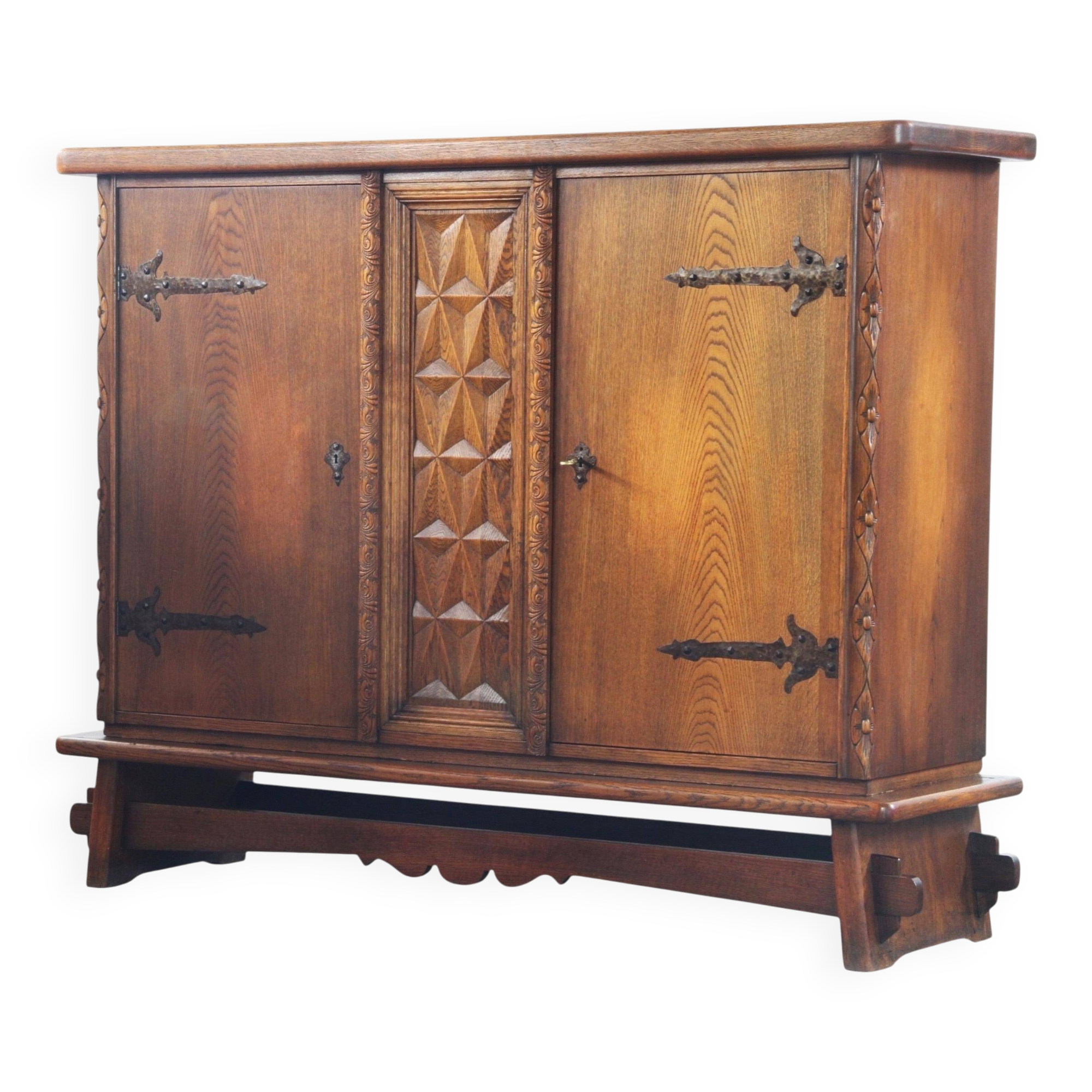 Vintage Danish Baroque Brutalist Style Oak Cabinet 1960s