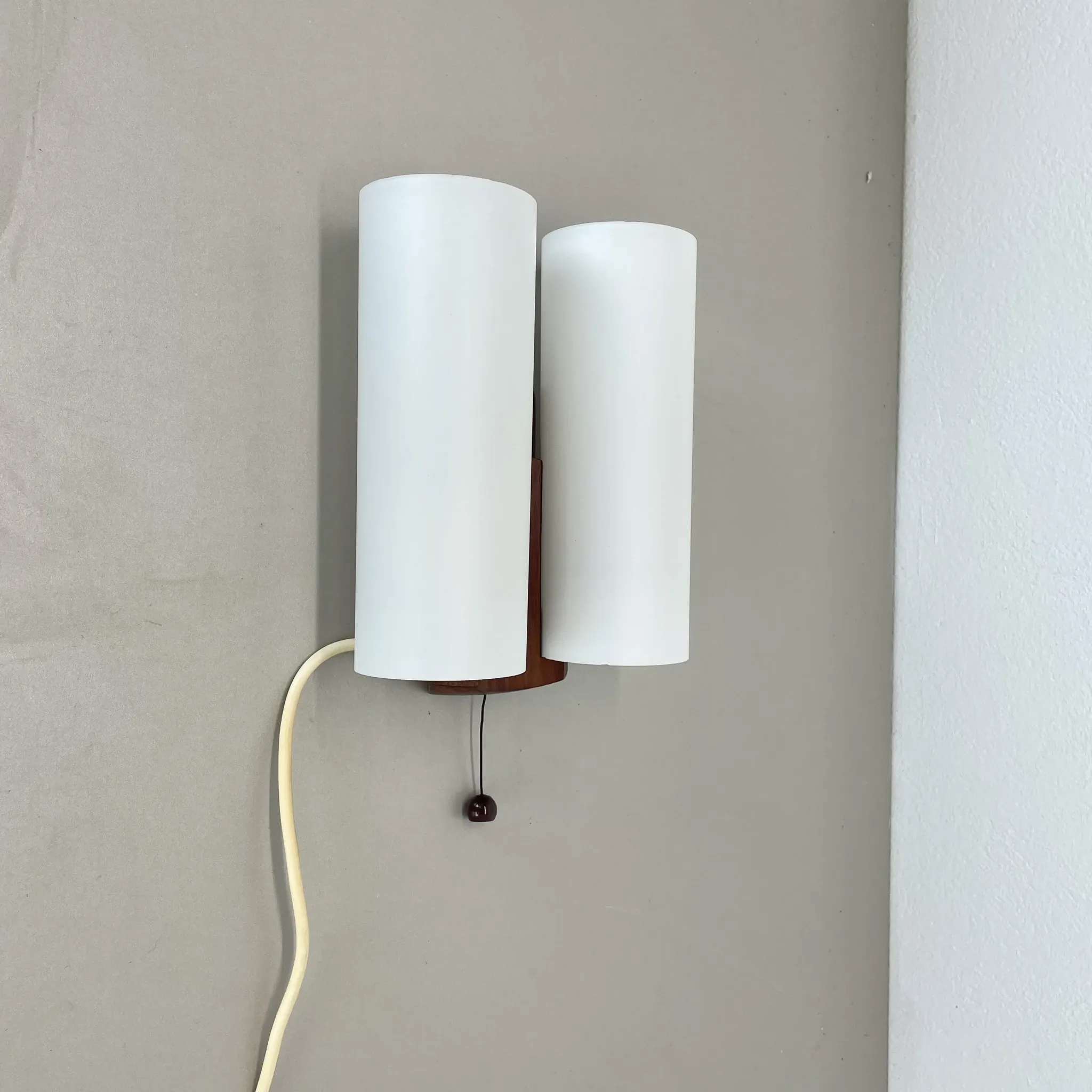 Minimalistic Wall Lamp from White Satin Glass and Teak Wood by LUXUS, Vittsjö, Sweden, 1970s