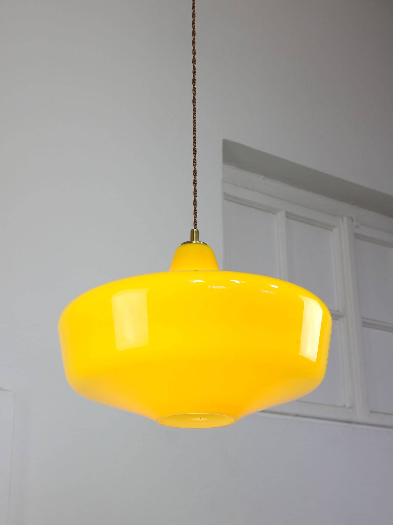 Mid-Century Italian Brass and Yellow Glass Pendant Lamp