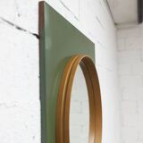 Unusual round wall mirror 60 cm teak edge on green rectangular board 1960.