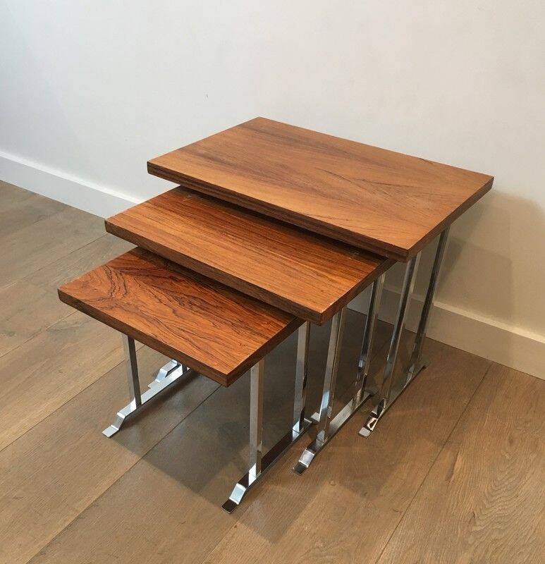Set of 3 nesting tables in exotic wood and chrome