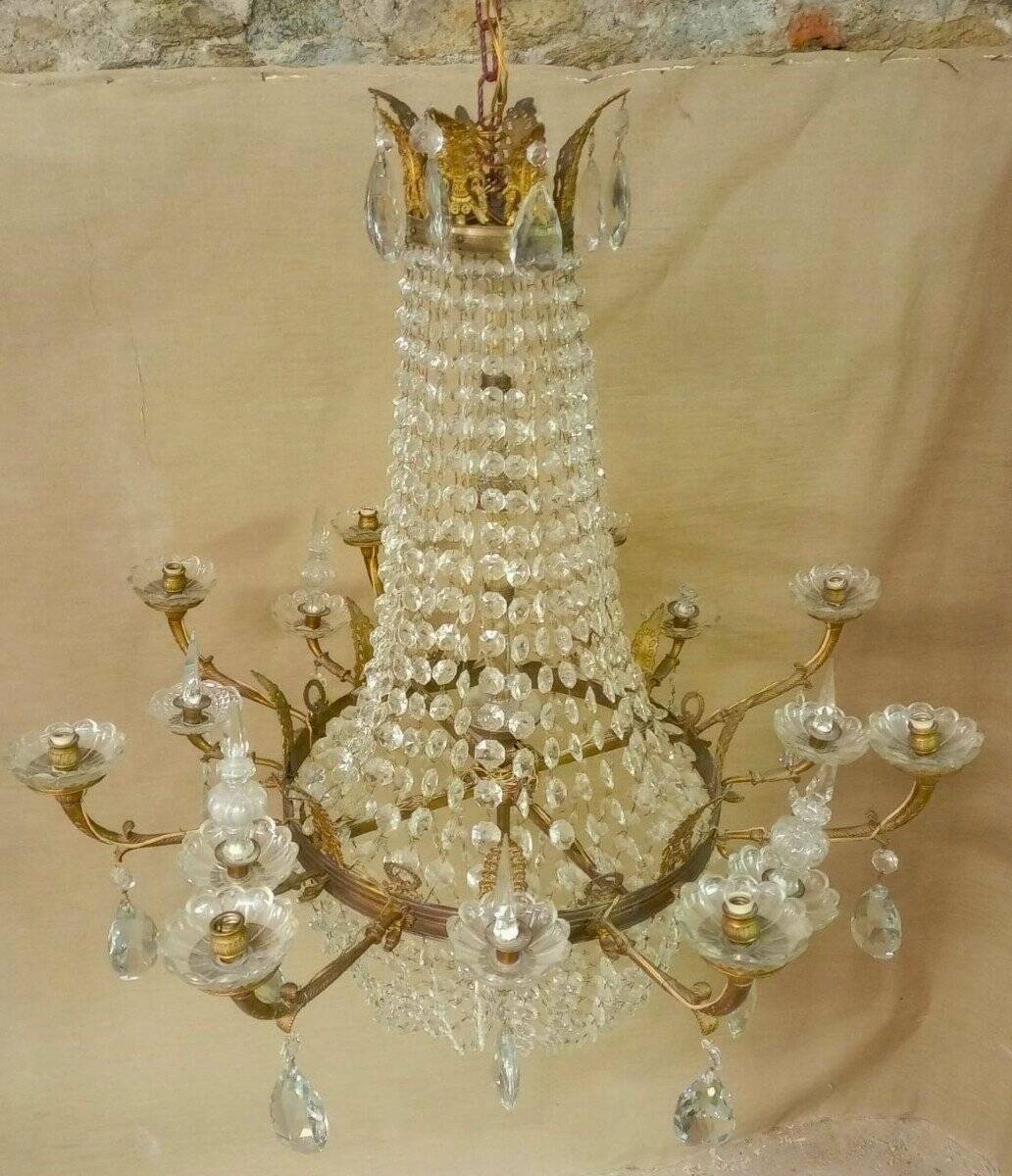 Large curved chandelier floor lamp in bronze and crystal, 19th century