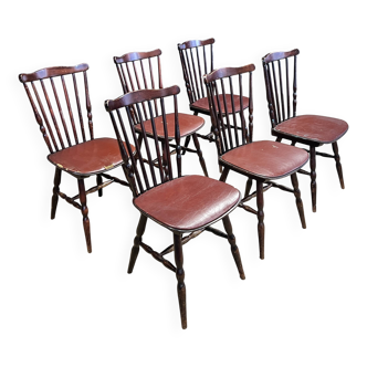 Set of 6 Tacoma Baumann bistro chairs in dark wood and brown leatherette