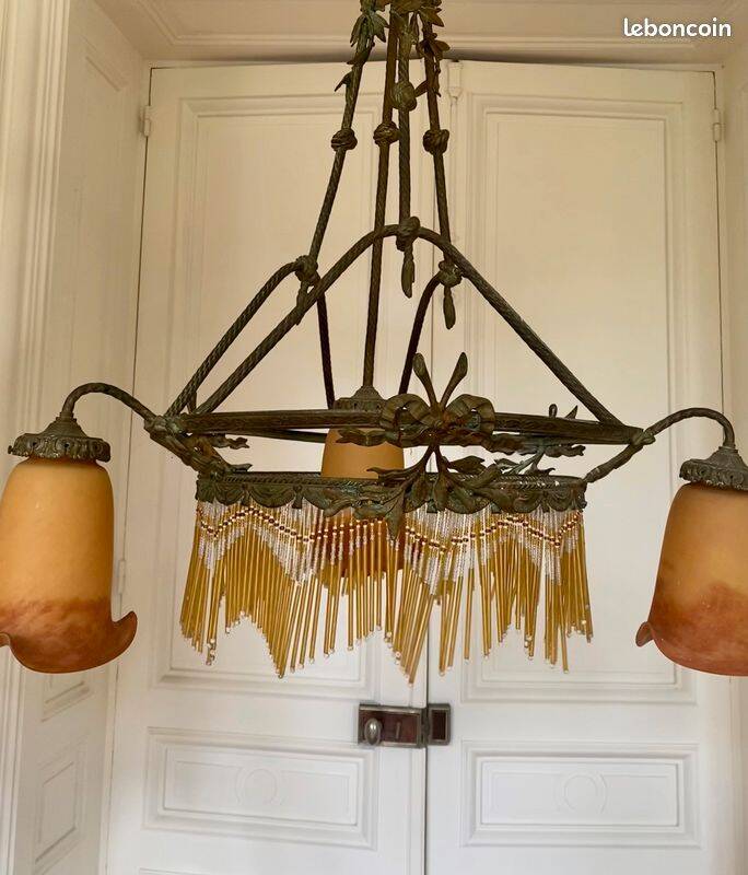 19th century electrified chandelier. Frosted Glass and Bronze