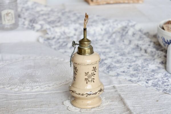 Pied de lampe à pétrole vintage en faïence beige - Motif fleuri brun - Col