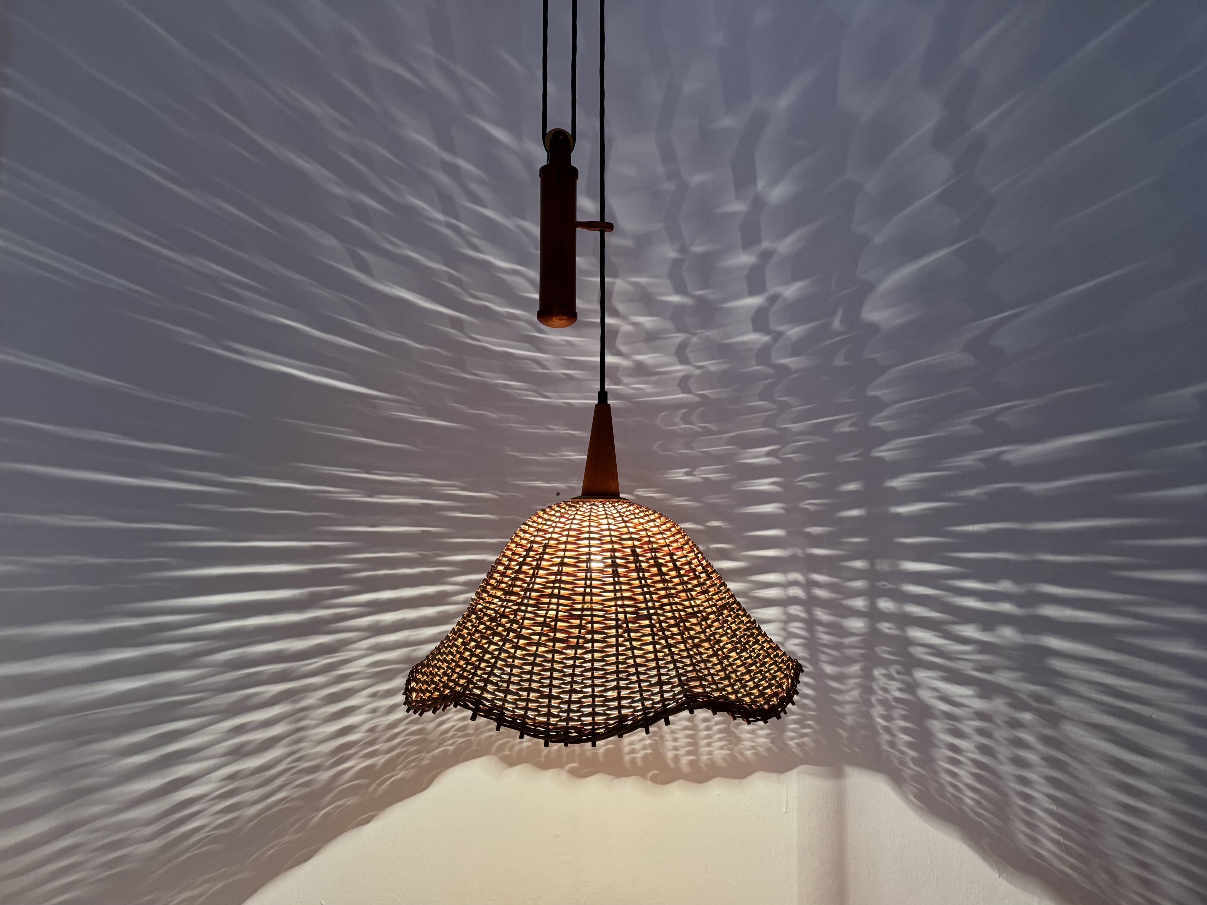 Adjustable Wicker and Teak Pendant Lamp