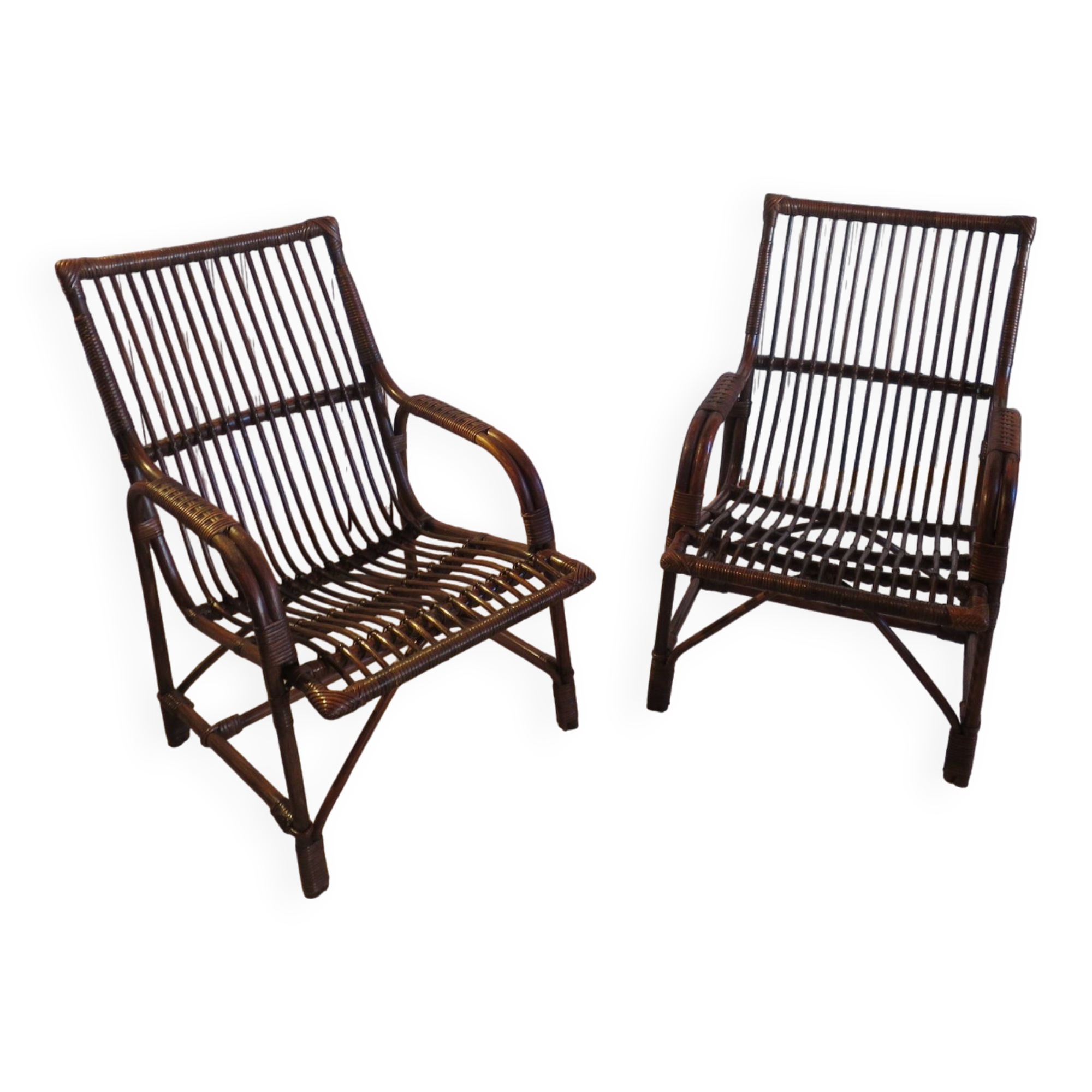 Lot de 2 Fauteuils de jardin en rotin et bambou -Vintage -Années 60 - avec coussins - vernis satin