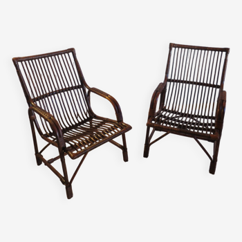 Set of 2 garden armchairs in rattan and bamboo -Vintage -1960s - with cushions - satin varnish