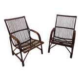 Lot de 2 Fauteuils de jardin en rotin et bambou -Vintage -Années 60 - avec coussins - vernis satin