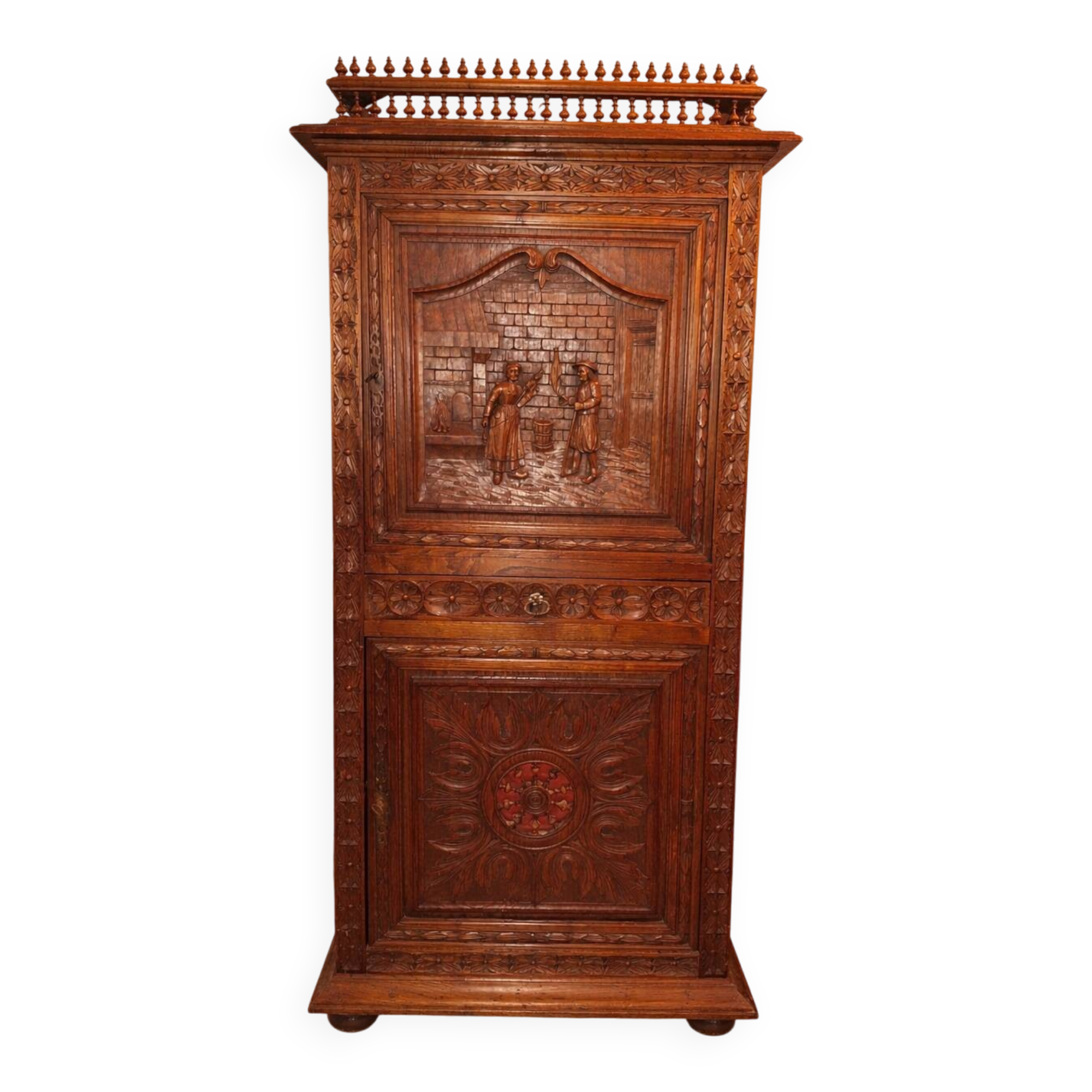 Antique carved oak wardrobe – figurative scene – late 19th century