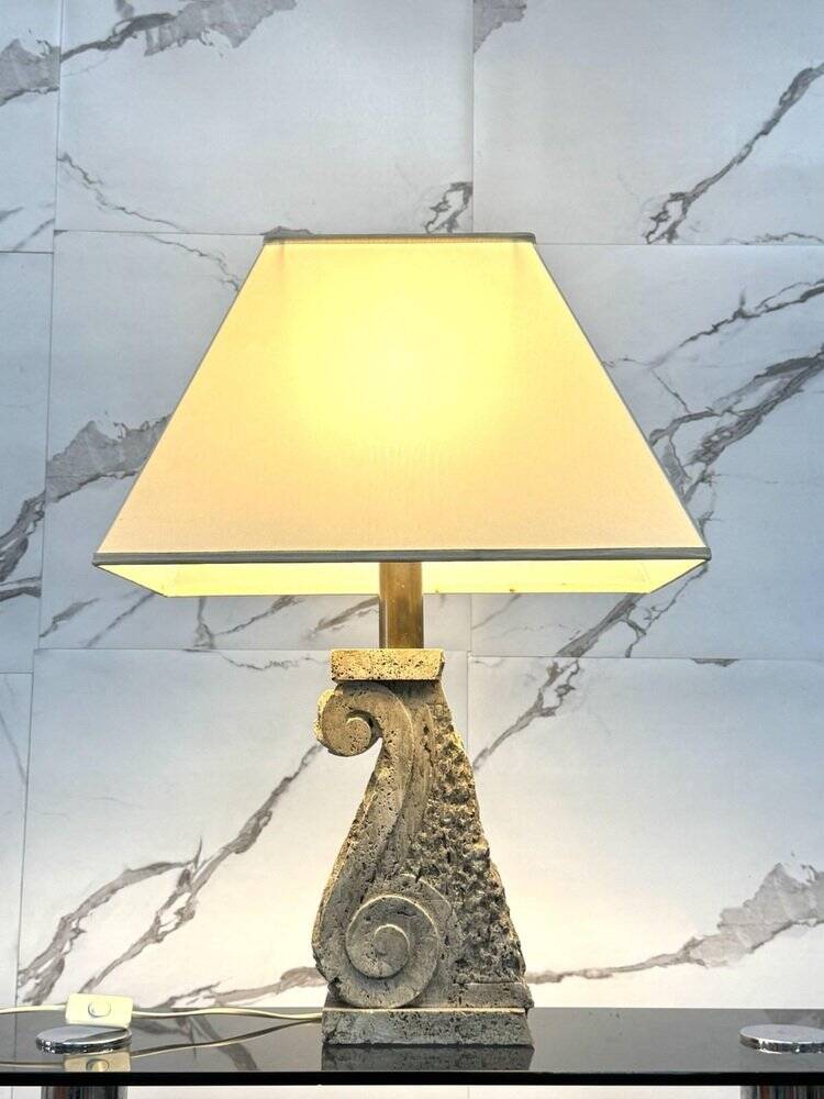 Large Travertine and Stone Table Lamp, 1970s