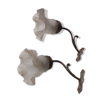 Pair of brass wall appliques, art deco tulips