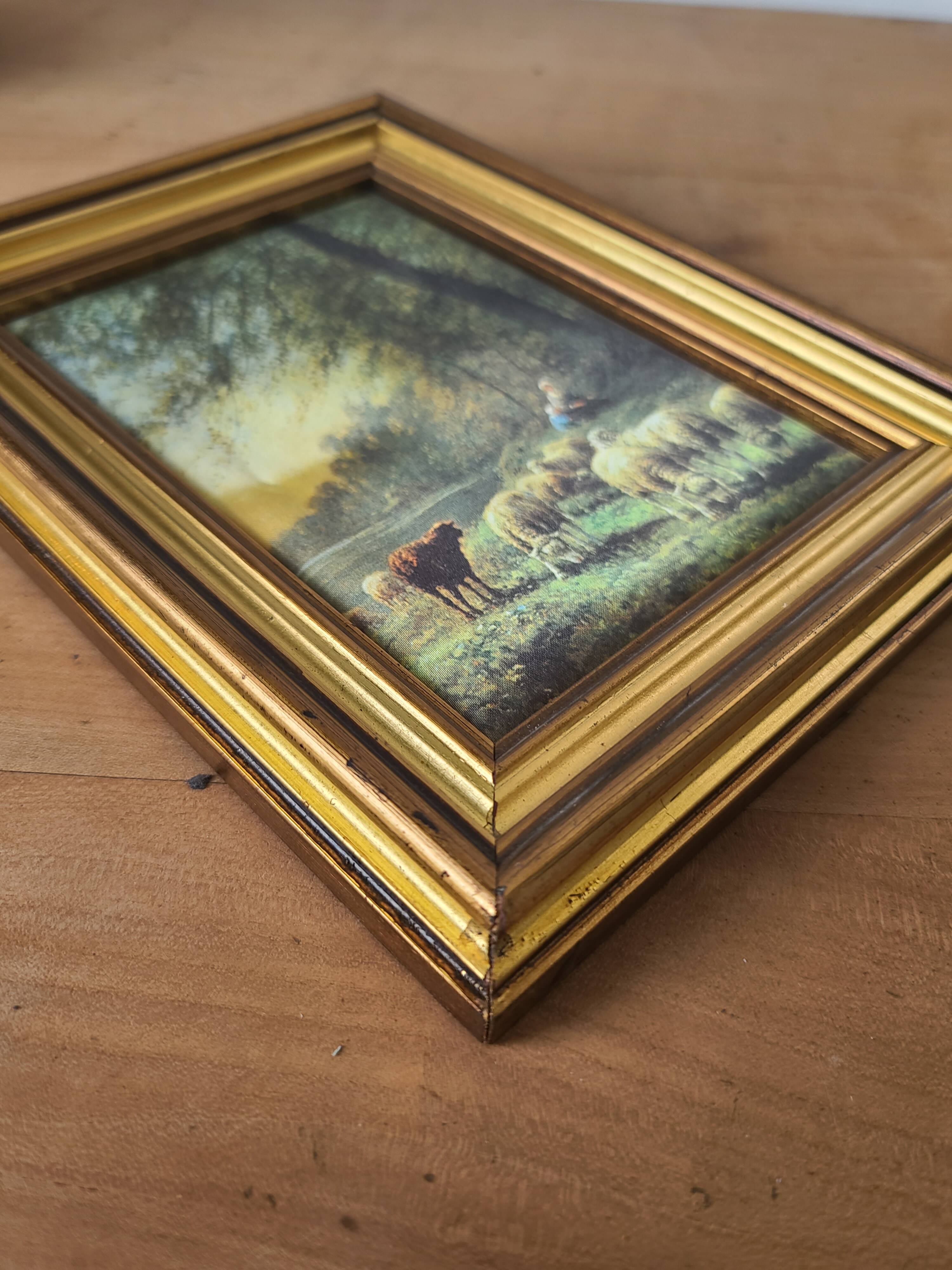 Small Framed Painting of a Pastoral Scene - Sheep & Shepherd