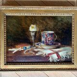 The boiled egg, still life in oil, 19th century.