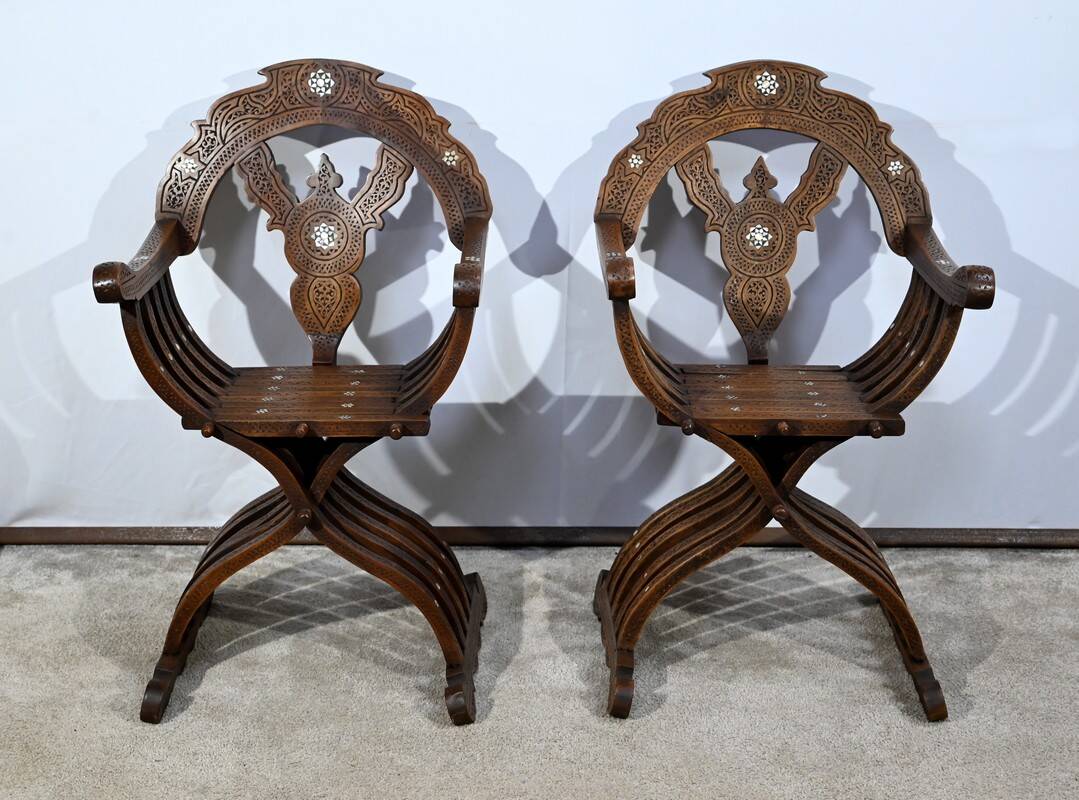 Pair of Savonarola Syrian Walnut Armchairs – Late 19th Century