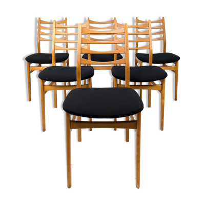 Lot de 6 chaises en bois du milieu du siècle Chaise de bar de design danois Revêtement noir vintage MCM Re