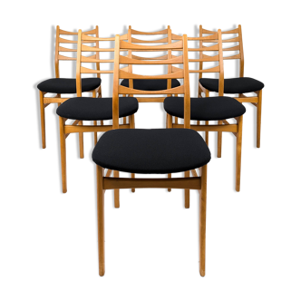 Lot de 6 chaises en bois du milieu du siècle Chaise de bar de design danois Revêtement noir vintage MCM Re