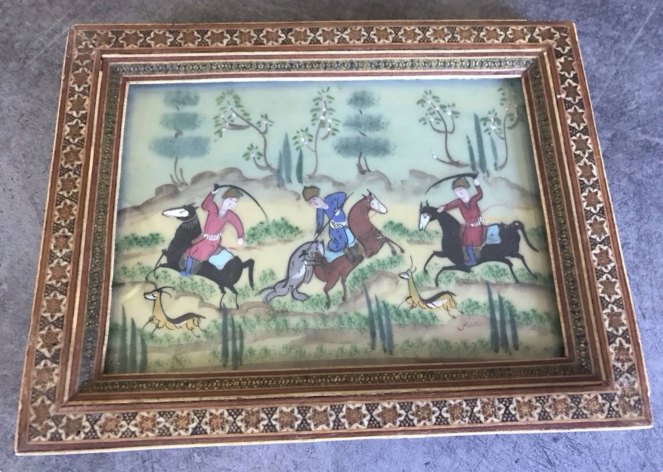 Ancient Indo-Persian painting with wooden mosaic frame