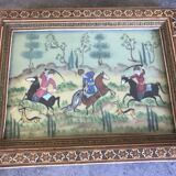 Ancient Indo-Persian painting with wooden mosaic frame
